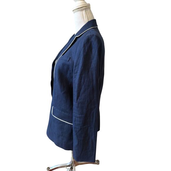 Talbots Piped Linen Blazer Navy Blue 12 - Picture 4 of 8